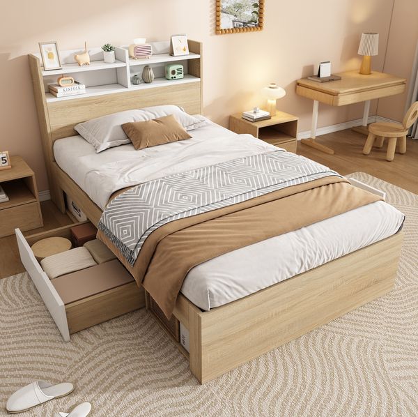 Holzbett 90x190 cm mit Kopfteil-Ablage, Schubladen und offenen Fächern – Weiß/Eiche