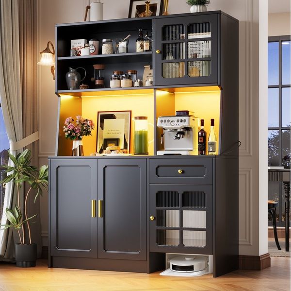 Flieks Küchenbuffet Hochschrank mit LED-Beleuchtung, Schubladen und Glastüren (1-St, B130/T45/H180 cm) Küchenschrank Geschirrschrank Buffetschrank mit Arbeitsplatte Schwarz