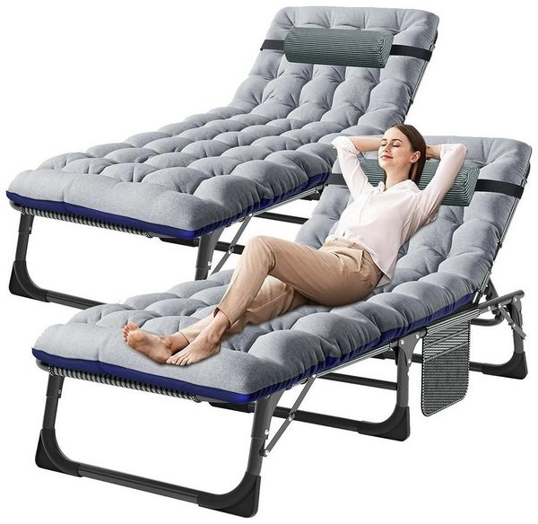 Meulbaty Klappbett Klappbar Sonnen Liege für Balkon/Garten, mit Auflage und Seitentasche (2-St) mit 5-stufiges Verstellmechanismus und 2.3-3cm Matratze