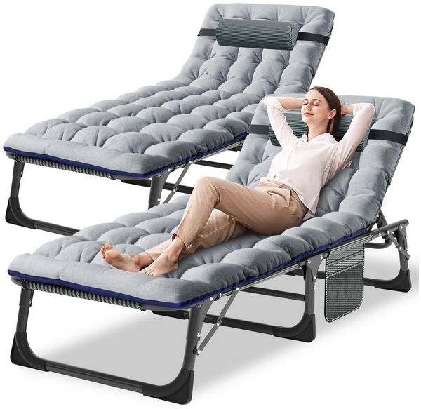 Meulbaty Klappbett Klappbar Sonnen Liege für Balkon/Garten, mit Auflage und Seitentasche (2-St) mit 5-stufiges Verstellmechanismus und 2.3-3cm Matratze