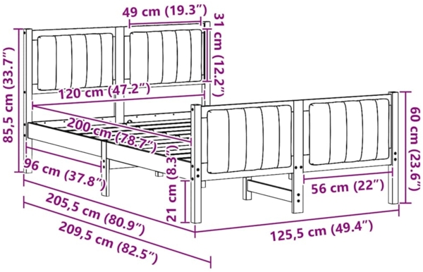 vidaXL Bettgestell Braun und hellgrau 120 x 200 cm Massivholz Kiefer 878469 Bild 10