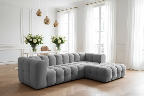 Ecksofa Designersofa SOLVIE in Stoff Tiffani Grau Ottomane Rechts