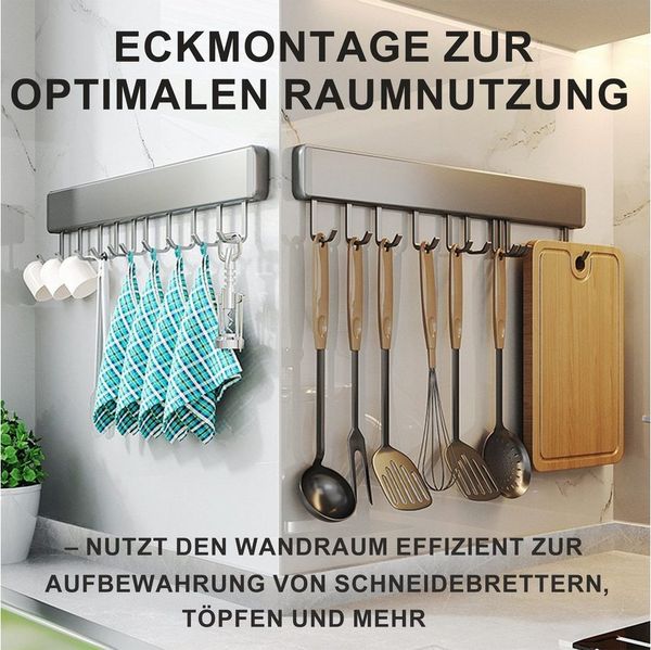 Mutig Hakenleiste Garderobenleiste 30/40/50cm,Küche Hängeleiste, 6/8/10 bewegliche Haken, (Küchenhalterung ohne bohren, Bohrfreie oder gebohrte Montage möglich, Haken aus Raumfahrt-Aluminium für Schlafzimmer Bad Küche-Silbergrau), Es ist ideal für glat...