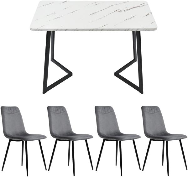 Merax Essgruppe 117×68cm Esstisch mit 4 Stühlen, (Set, 5-tlg), weißer MDF-Tischplatte mit Marmoroptik, Samt, grau