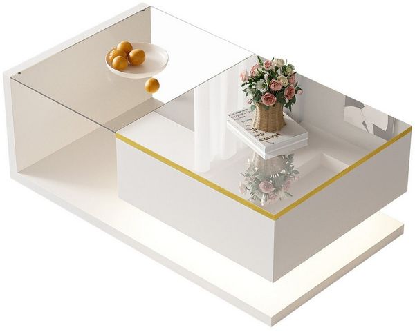 MODFU Couchtisch Hochglanzweiß/Schwarz mit Glasplatte (Satztisch, Wohnzimmertisch, Beistelltisch, 1-St, Funktionales Möbelstück), mit Glas und LED-Effekt