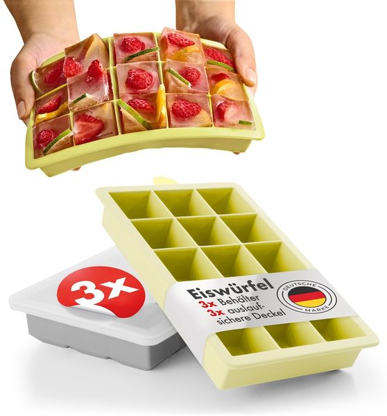 Blumtal Eiswürfelformen Silikon 3er Set - 15er Eiswürfelform mit Deckel - BPA-freie Silikon Eiswürfelform - Ice Cube Tray lebensmittelecht - Ice Tray - Grau + Grau + Gelb