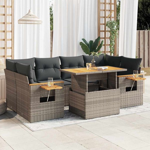 vidaXL 7-tlg. Garten-Sofagarnitur mit Kissen Grau Poly Rattan Akazie 3327567