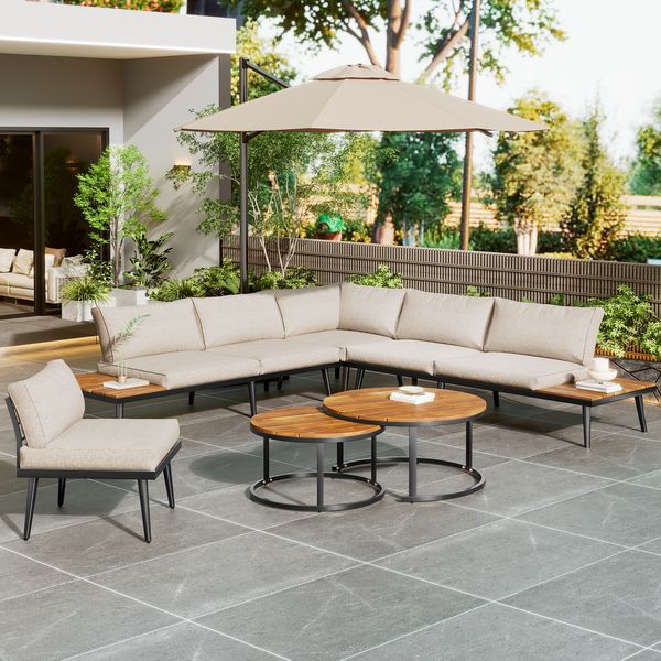 Merax Garten Loungesessel Set für 5-6 Personen, Gartenmöbel, Essgruppe für Terrasse Balkon Garten Innen und Außen, Gestell aus verzinktem Eisen, Essgruppe 6-teilig, Beige