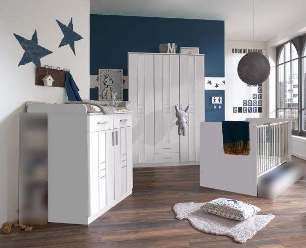 Babyzimmer Bela Borkum Kinderzimmer Komplett Set in Landhaus Weiß in verschiedenen Varianten wählbar - 4 teilig , Kleiderschrank + Babybett + Lattenrost + Wickelkommode
