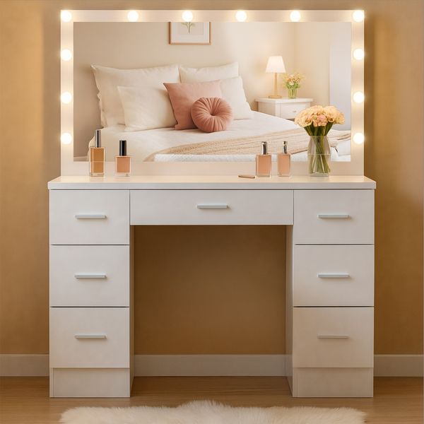 CLP Schminktisch Ginny Spiegel 110x55 cm LED 3 Licht-Modi dimmbar Schubladen,weiß