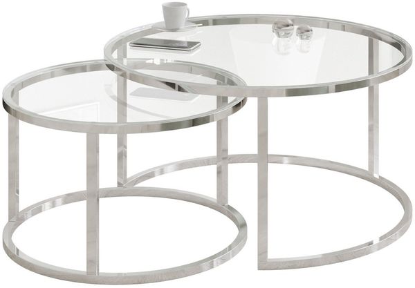Lookway Couchtisch CIRI 2in1 GLASS mit Chrom Gestell (2er Set), Durchmesser: ⌀70 cm und ⌀50 cm