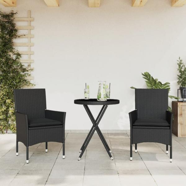 vidaXL 3-tlg. Bistro-Set mit Kissen Schwarz Poly Rattan und Glas 3278748