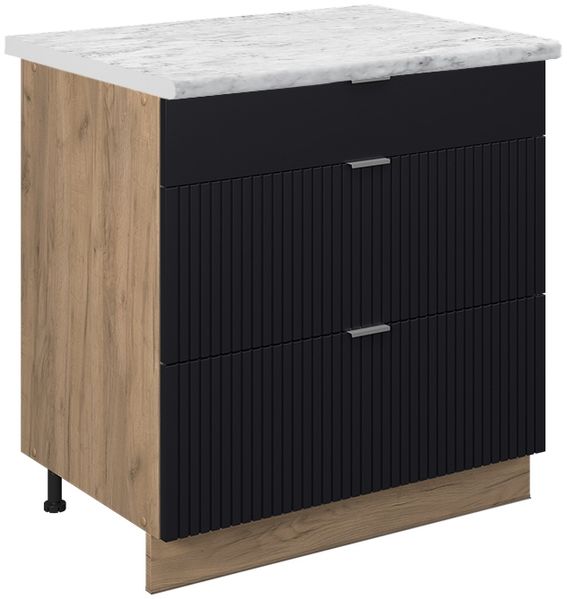 Küchenunterschrank Fame-Line Schwarz gestreift 80 cm mit 3 Schubladen, AP Marmor Vicco