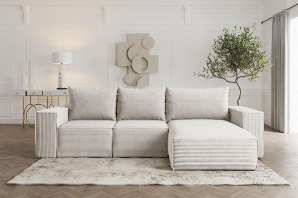 Ecksofa Sofa mit Schlaffunktion ESTELLE in Stoff Poso Creme Ottomane Rechts