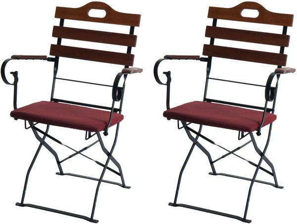 2er-Set Biergartenstuhl HWC-J40, Klappstuhl Gartenstuhl, Gastronomie-Qualität Akazie ~ braun, Polster rot