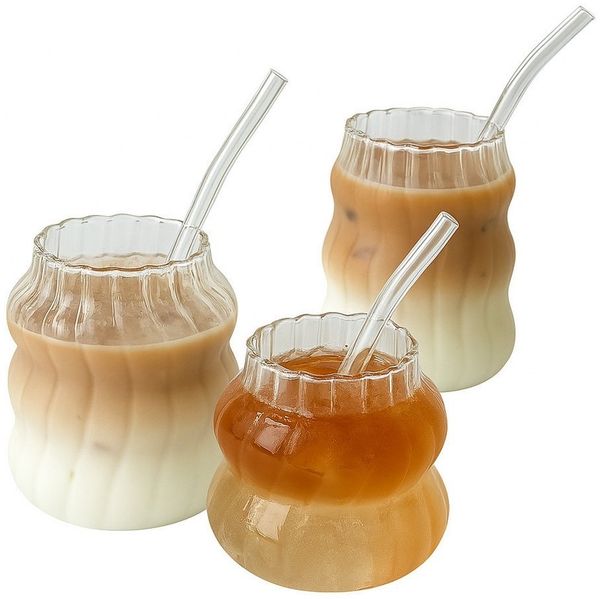 LA CUTE Glas Vintage Glasbecher Set 3 Größen 410–650 ml Strohhalmen Borosilikatglas, 6-tlg, Hitzebeständig, leicht, transparent, inklusive passender Strohhalme