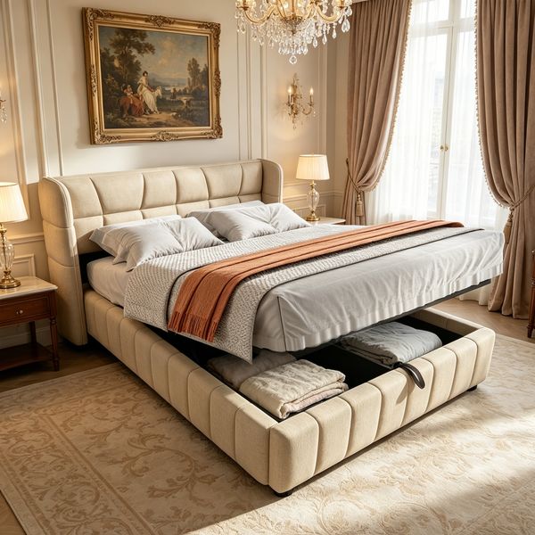 Polsterbett 140x200 cm, Rückenlehne,Bett mit Pneumatischem Stauraumsystem,Bettwäschegestelle aus Leinen eignen sich für Erwachsene und Jugendliche ,Beige