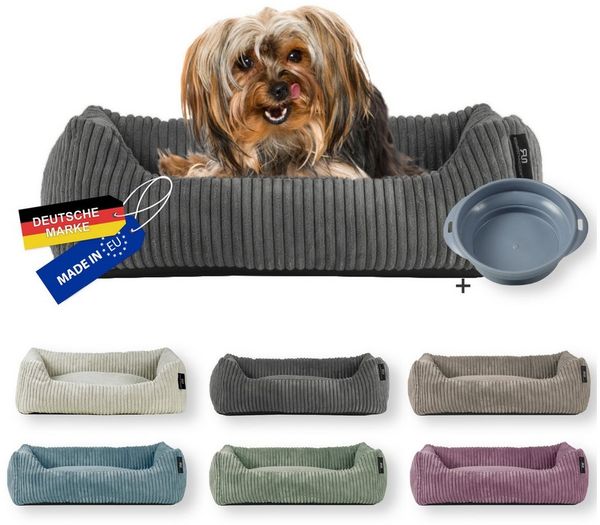 Rohrschneider Tierbett Hundebett Cord für kleine Hunde mit waschbarem Bezug inkl. Futternapf, antiruschbeschichtete Unterseite