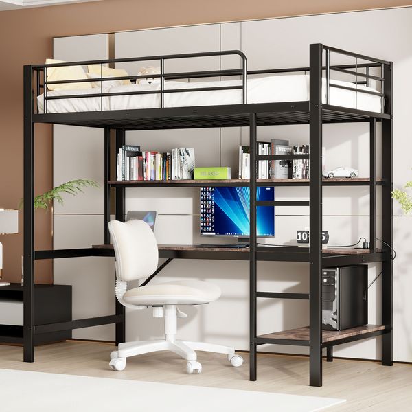 Hochbett aus Metall mit Schreibtisch, Regal, LED & USB-Anschluss, 90x200 cm, Schwarz, ohne Matratze