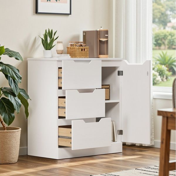 Bealife Kommode Schrank mit 3 Schubladen und 1/2 Tür, in Weiß