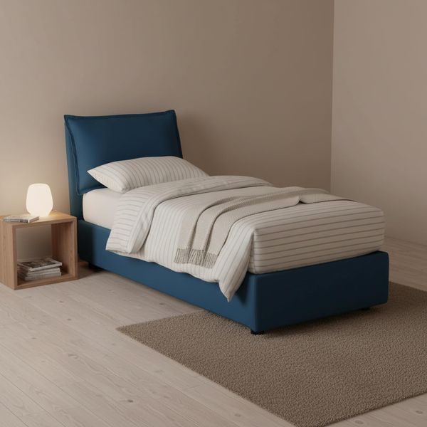Talamo Italia - Einzelbett Carolina, Bettkasten mit Stoffbezug, 100 % Made in Italy, Öffnung vorne, inklusive Matratze 80x190 cm, Blau