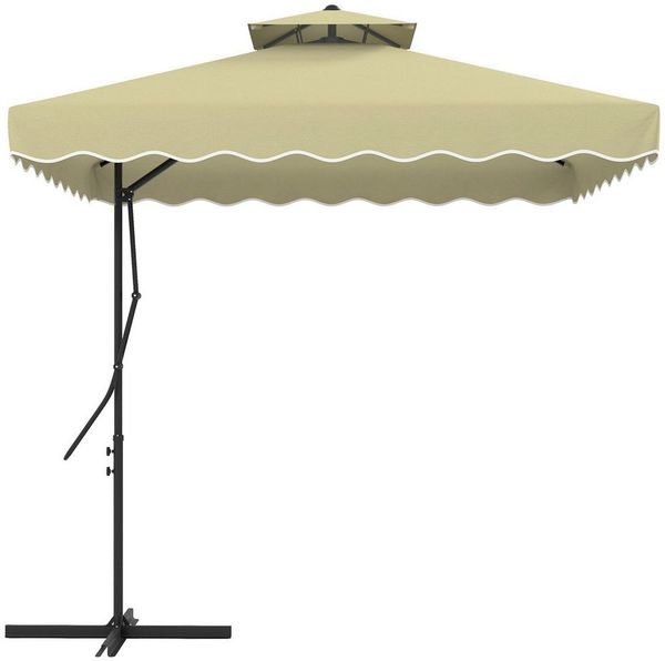 Outsunny Sonnenschirm 243x243 cm Ampelschirm mit Doppeldach, Kreuzfuß, UV-Schutz, LxB: 243x243 cm, Balkonschirm, Terrassenschirm, mit 4 Rüschen, Streben, für Garten, Metall, Beige