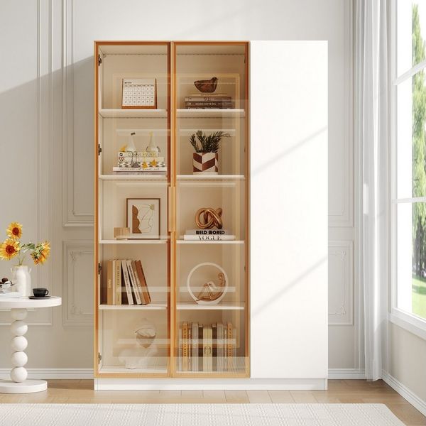 Flieks Glasvitrine Hochschrank mit LED-Beleuchtung, 2 Glastüren und 1 Holztüren (1-St, B110/T35/H165 cm) Standvitrine mit verstellbaren Einlegeböden Vitrinenschrank Weiß