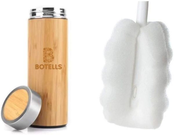 Botells Thermoflasche Isolierflasche Bambus & Edelstahl, Teesieb, 500 ml, auslaufsicher, lebensmittelechter Edelstahl, nachhaltig Ressourcen sparend, 0,5l