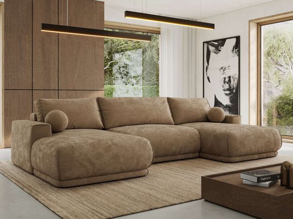 XXL Wohnlandschaft RINA U-Form 360 cm breit, Sofa mit Schlaffunktion & DL-Mechanismus, Wellenfederung, modern freistehend - Braun Schenille glatt