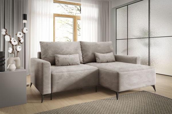Ecksofa Schlafsofa Sofa SILVES in Stoff Poso Beige Ottomane Rechts