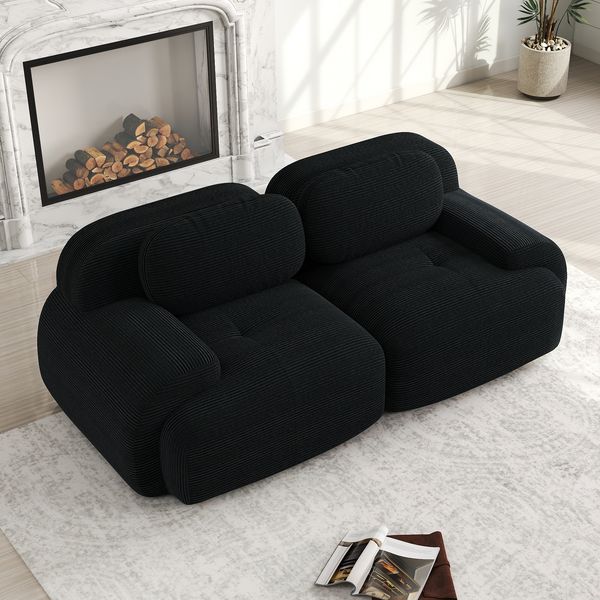Ecksofa modular aus Cordstoff, schwarz, montagefrei mit geschwungenen Armlehnen，H 75 x T 208 x B 103 cm