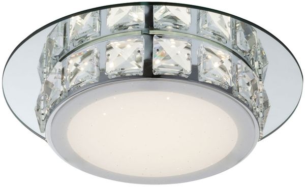 LED Deckenleuchte, Glas opal, Kristalle klar, 25x7cm