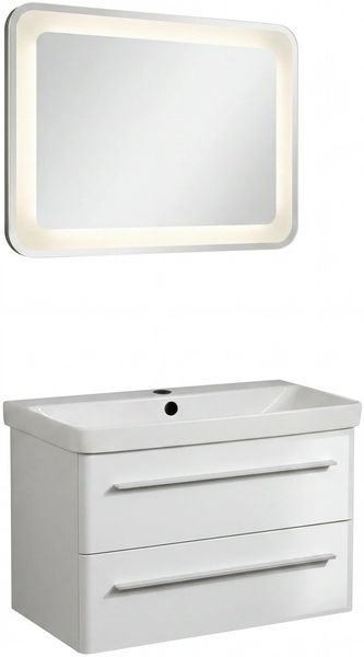 LANZET K8 Waschtisch Set mit Spiegel 80 cm breit, Weiß, Waschbecken Keramik Weiß