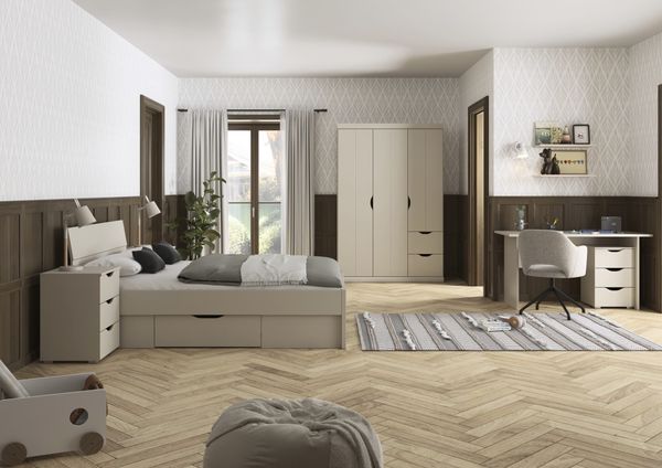 Jugendzimmer Frieda 5-teilig mit 3 türigem Kleiderschrank in Beige von Rauch Möbel, Ein Raum zum Ankommen, Wachsen und Wohlfühlen – in verschiedenene Ausführungen wählbar - 5 teilig , Kleiderschrank 3trg mit Schubkästen + 140er Jugendbett + Nachttisch ...
