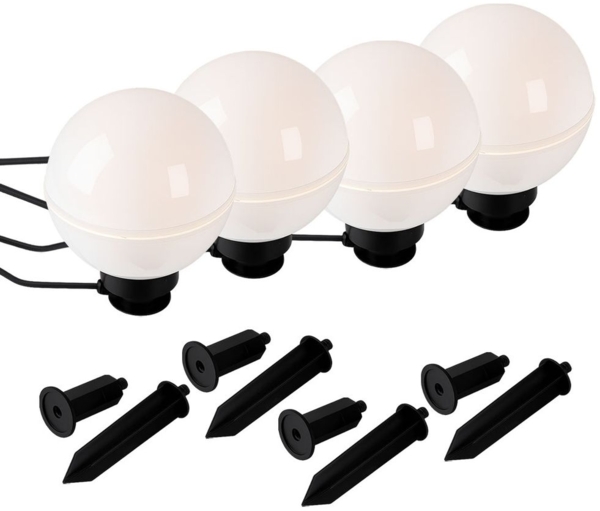 4x Außen Steckleuchten, Kugel, weiß, Erdspieß, Kabel, D 20 cm