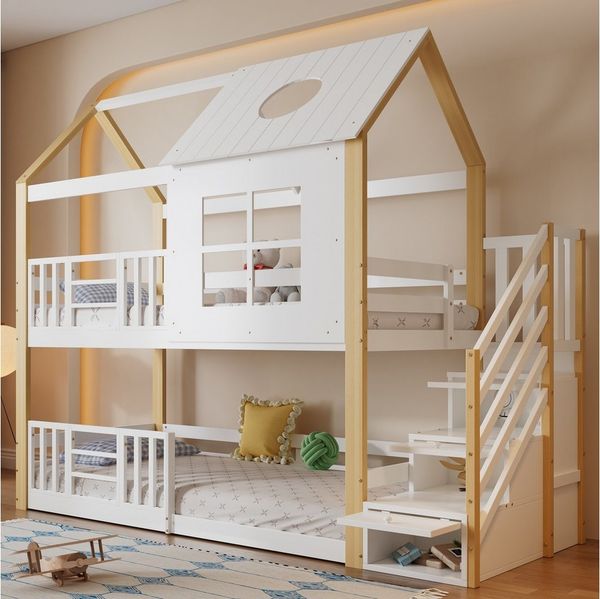 Flieks Etagenbett, Massivholz Hausbett Kinderbett 90x200cm mit Stauraumtreppe