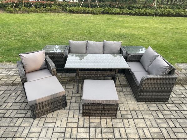 Fimous 8 Teil Rattan Gartenmöbel-Set mit Terrassen Sofa Rechteckiger Esstisch 2 Beistelltischen 2 Großer Hockern Terrassen Set