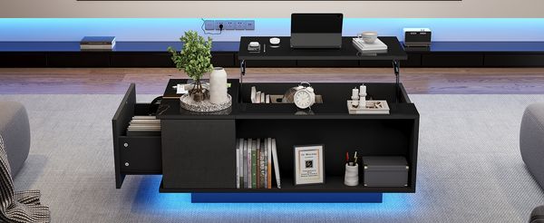 Couchtisch 100x50x40 cm, Hochglanz-Spanplatte mit hydraulischem Hub, verstecktem Stauraum und LED (schwarz)