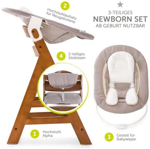 Hauck Hochstuhl Alpha Plus Walnut Newborn Set (Set, 4 St), Holz Babystuhl ab Geburt inkl. Aufsatz für Neugeborene & Sitzauflage
