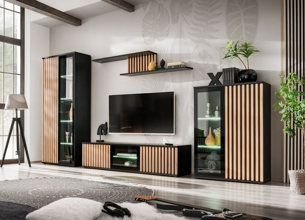 Wohnwand Cameron in Schwarz und Hickory Jackson mit Beleuchtung und Lamellen 340 x 192 x 45