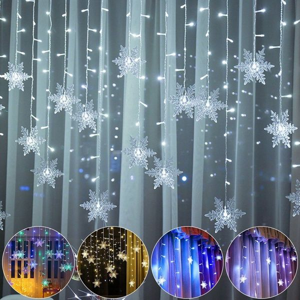Merry 2024 LED-Lichterkette LED Lichtervorhang Lichterketten,Schneeflocke LED Vorhang Lichter, 8 Modi, Speicherf,chneeflocken Lichterkette