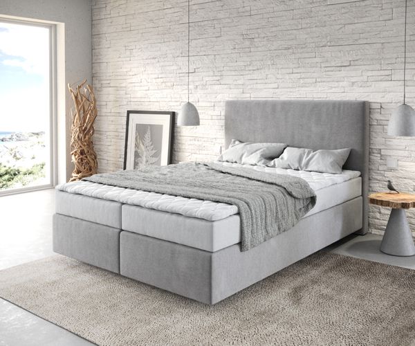 Delife 'Dream-Well' Boxspringbett mit Bonellfederkern-Matratze und Topper, Mikrofaser grau, 140x200 cm