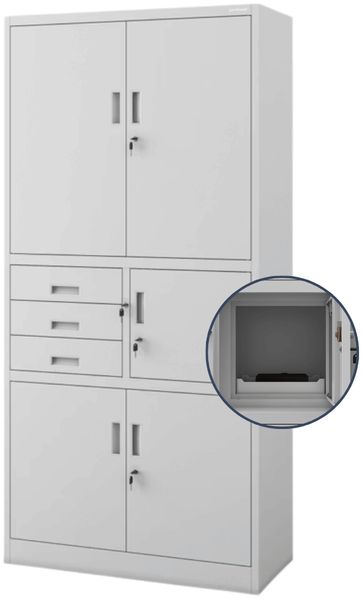 Aktenschrank abschließbar FILIP - mit Tresor & Schubladen| Büroschrank aus Stahl Metallschrank Werkstatt Mehrzweckschrank Werkzeugschrank, 185x90x40cm Grau