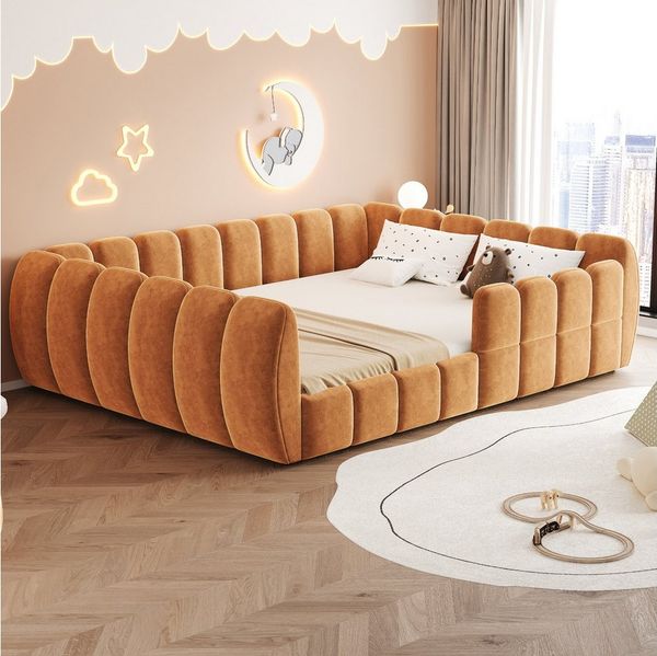 Flieks Polsterbett, Kinderbett Bodenbett 140x200 cm Samtbezug, abgerundete Ecken