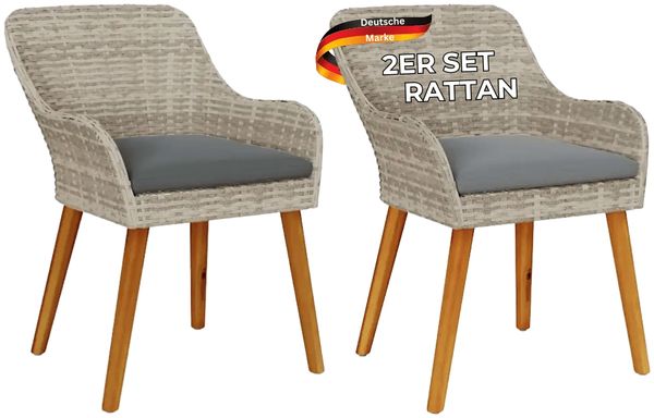 Gartenstuhl EGOS 2er Set Poly-Rattan 62,5x55x82 cm mit Polster Hellgrau | Gartenstuhl Rattan Outdoorstühle Balkonstühle