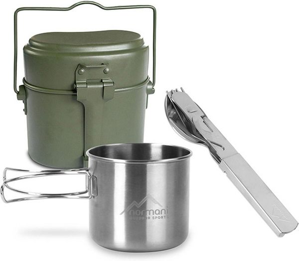 normani Geschirr-Set BW Kochgeschirr mit BW Besteck und Falttasse (4-tlg), Edelstahl, Camping Geschirr Essgeschirr Outdoor Besteck Kochgeschir