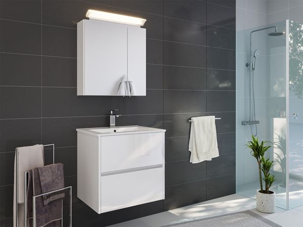 Badmöbelset Taifun 60cm 2tlg mit Spiegelschrank weiß Hgl : Weiss hochglanz