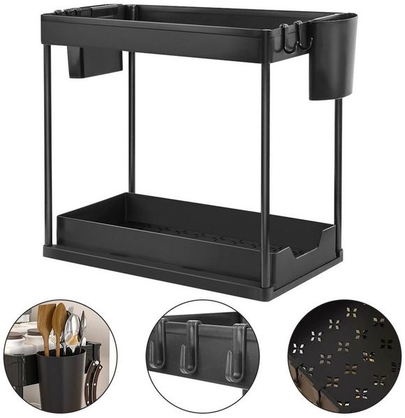 JEOBEST Küchenregal Küchen Organizer, Spülschrank Organizer, Küchen Gewürzregal, 2 Etagen Unter Waschbecken Regal mit 4 Haken &2 Tassen