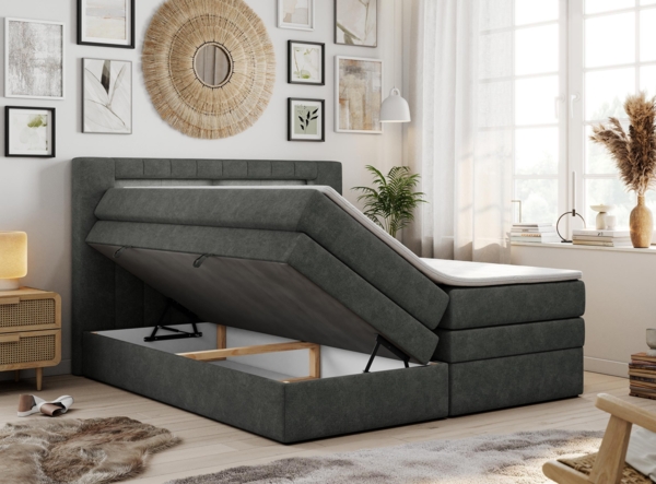 Boxspringbett mit LED Kopfteil und Topper - GOLD-5-KING - 200x200cm - Dunkelgrau Stoff - H4 Bild 2