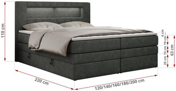 Boxspringbett mit LED Kopfteil und Topper - GOLD-5-KING - 200x200cm - Dunkelgrau Stoff - H4 Bild 5